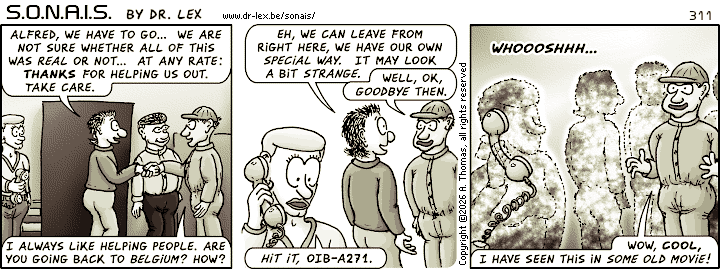 SONAIS strip 311. After a final goodbye to Alfred, the team finally exits the simulation.