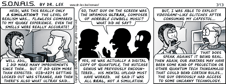 SONAIS strip 313. A discussion ensues about the experience being truly real or only a simulation.